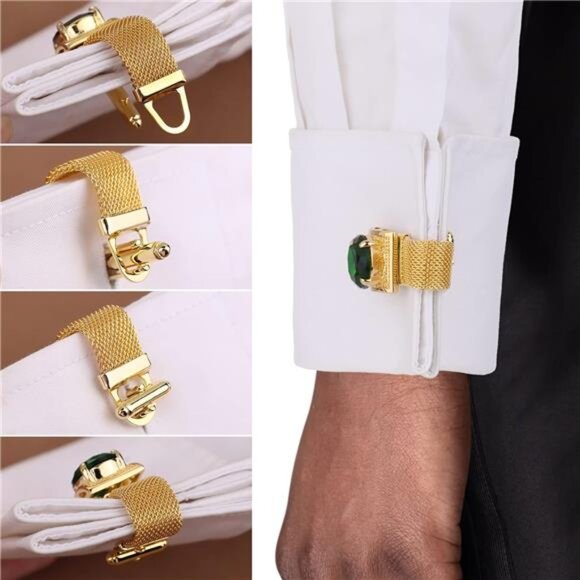 Mens Cufflinks with Chain - Stone and Shiny Gold Tone Shirt Accessories - Picture 3 of 7